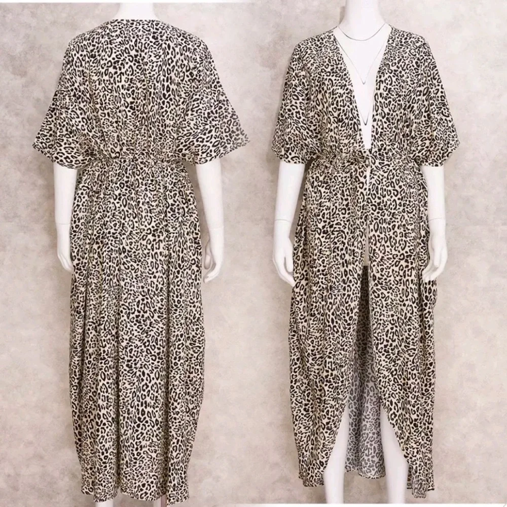 New Bohemian Leopard Kimono Duster Jacket Robe Swim Cover Up Wrap - Picture 17 of 17